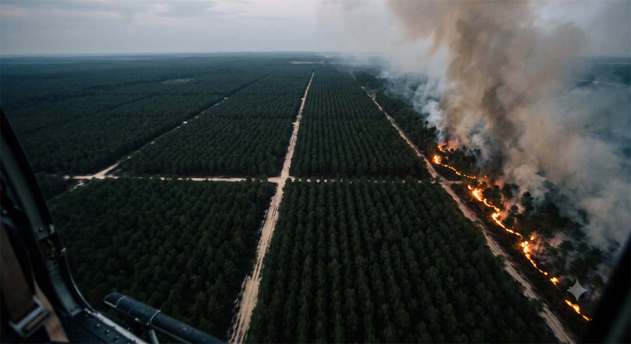 Massif forestier en feu vu du ciel