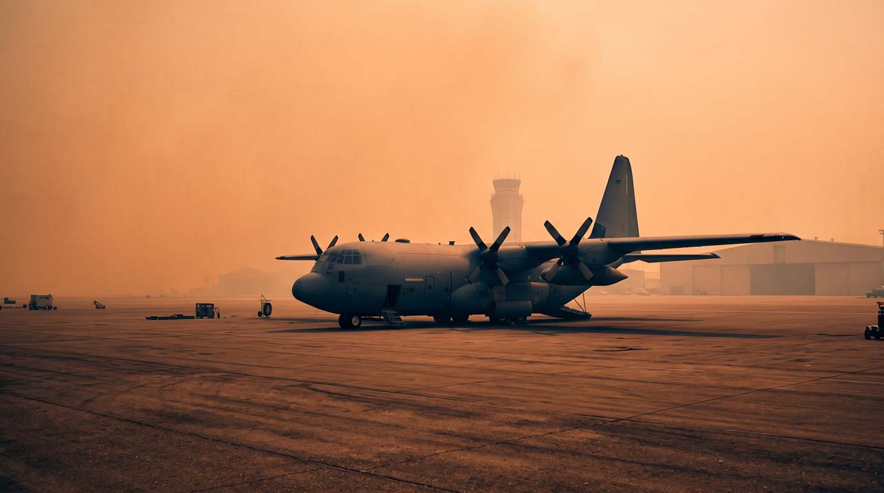 Avion au sol dans un panache de fumée
