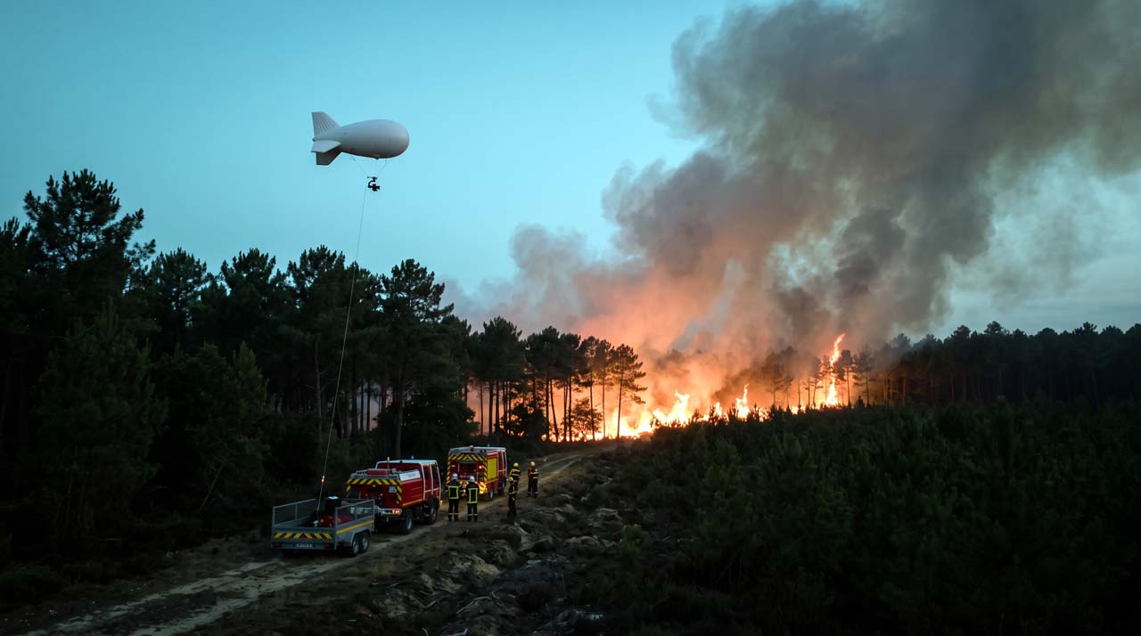 Ballon captif bas au-dessus d'un front de feu